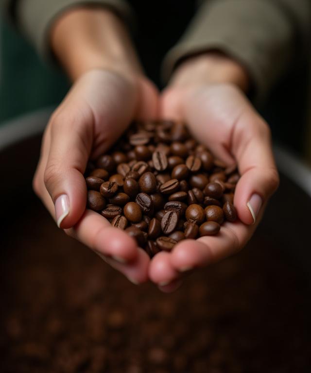 Hand hält frisch geröstete Spezialitätenkaffeebohnen