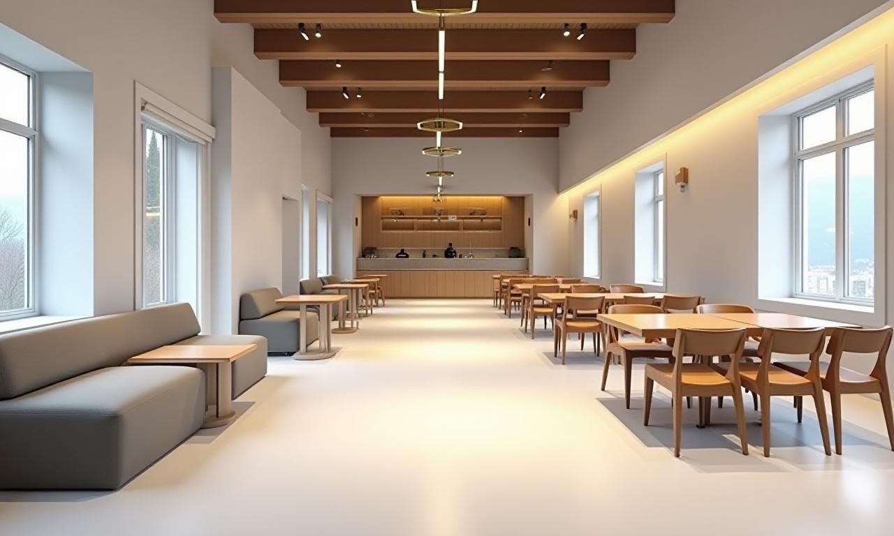 Gesamtansicht des Funktion Cafe mit klaren Linien und geometrischen Formen